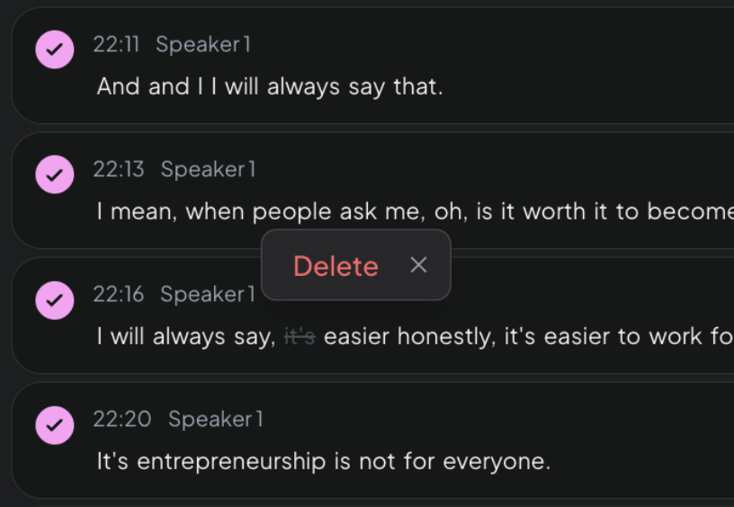 Montage sentence-level editing interface showing transcript with delete action