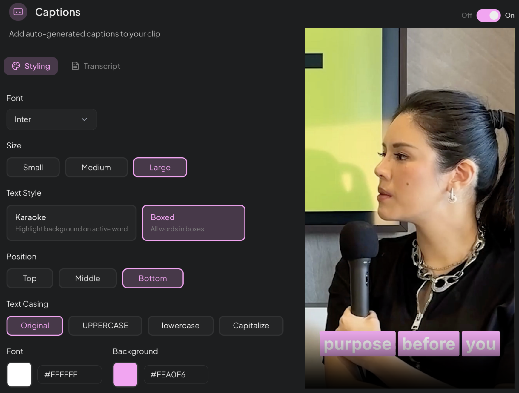 Montage captions editor showing font, size, style, position and color customization