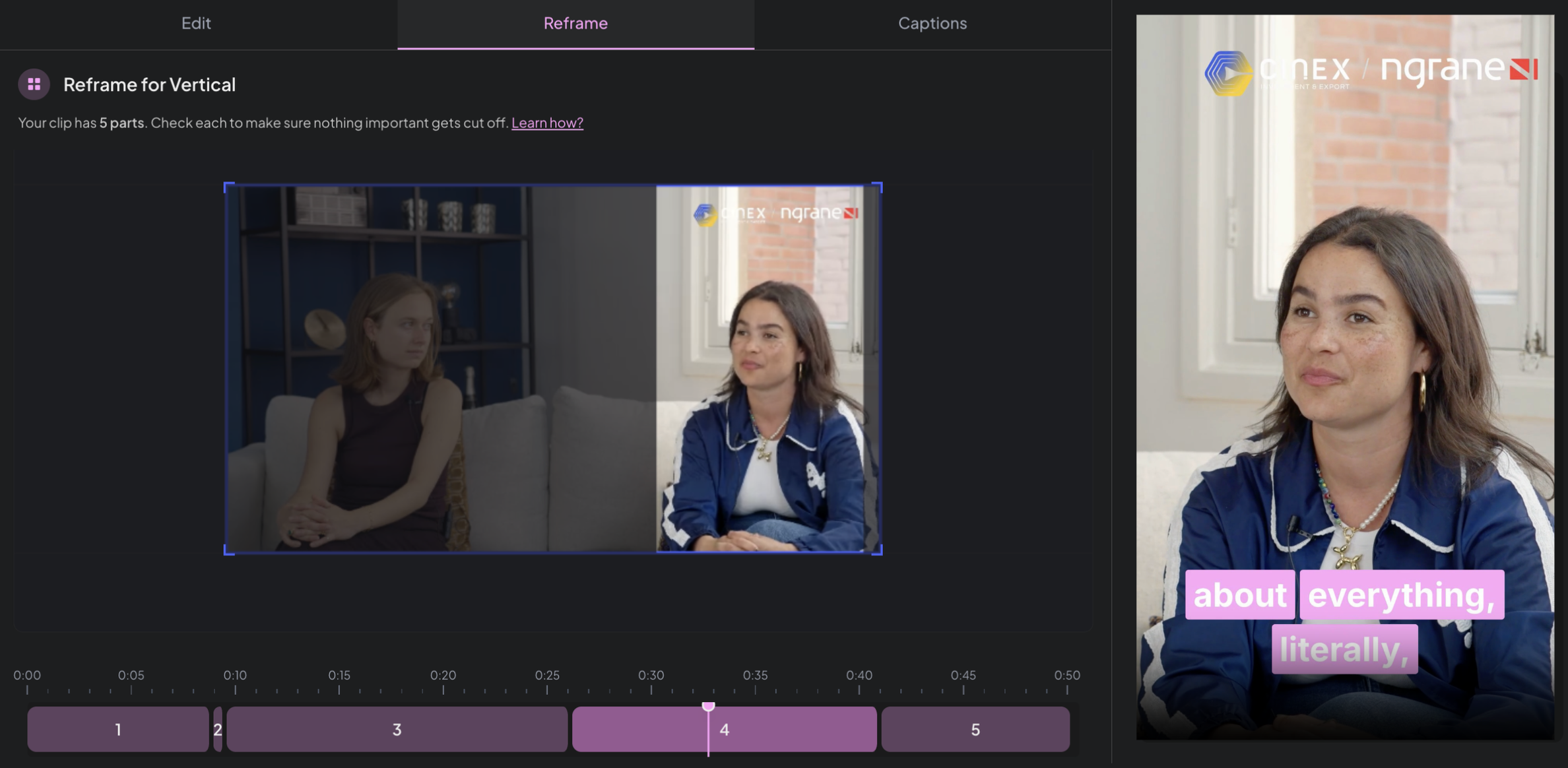 Montage reframing interface showing landscape to vertical conversion with speaker tracking