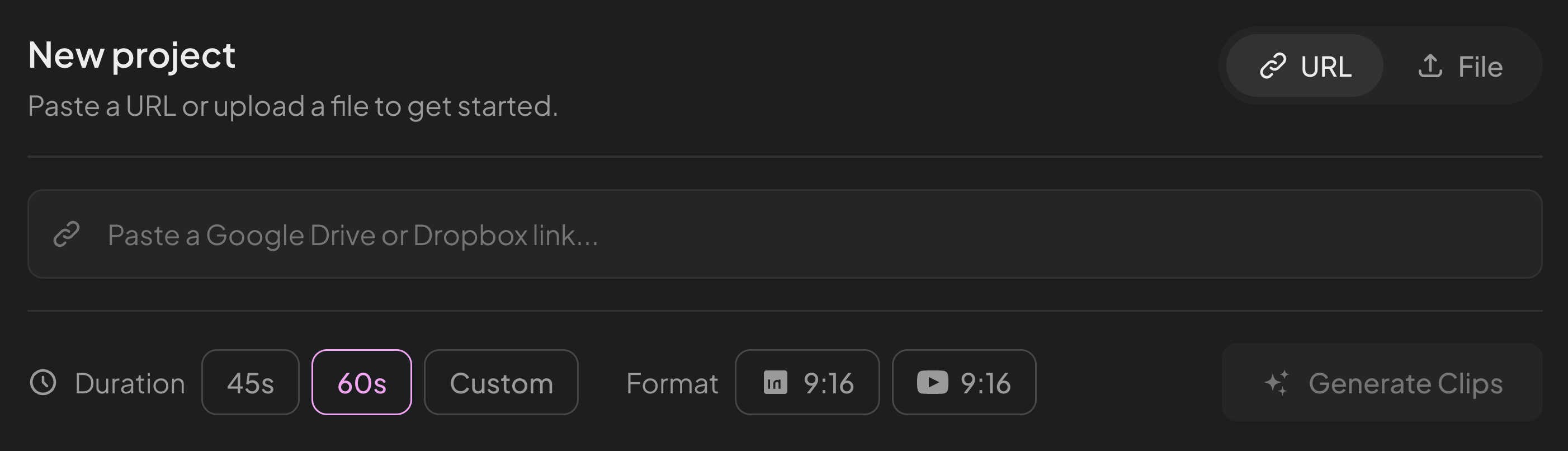 Montage upload interface showing URL and file upload with duration and format options